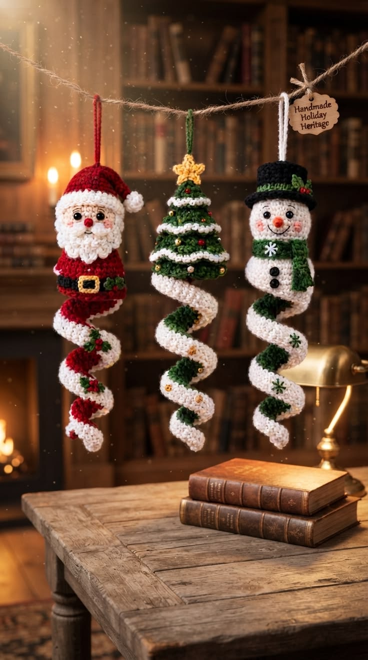 Crochet spiral Christmas ornaments featuring Santa, a Christmas tree, and a snowman hanging in a cozy room.
