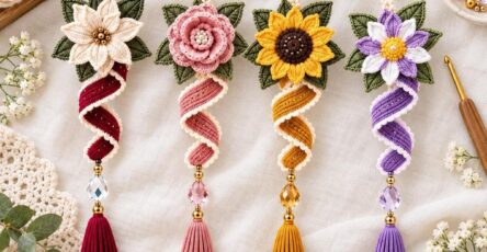 Four crochet spiral ornaments with floral tops, green leaves, and tasseled ends, in cream, pink, yellow, and purple colors.
