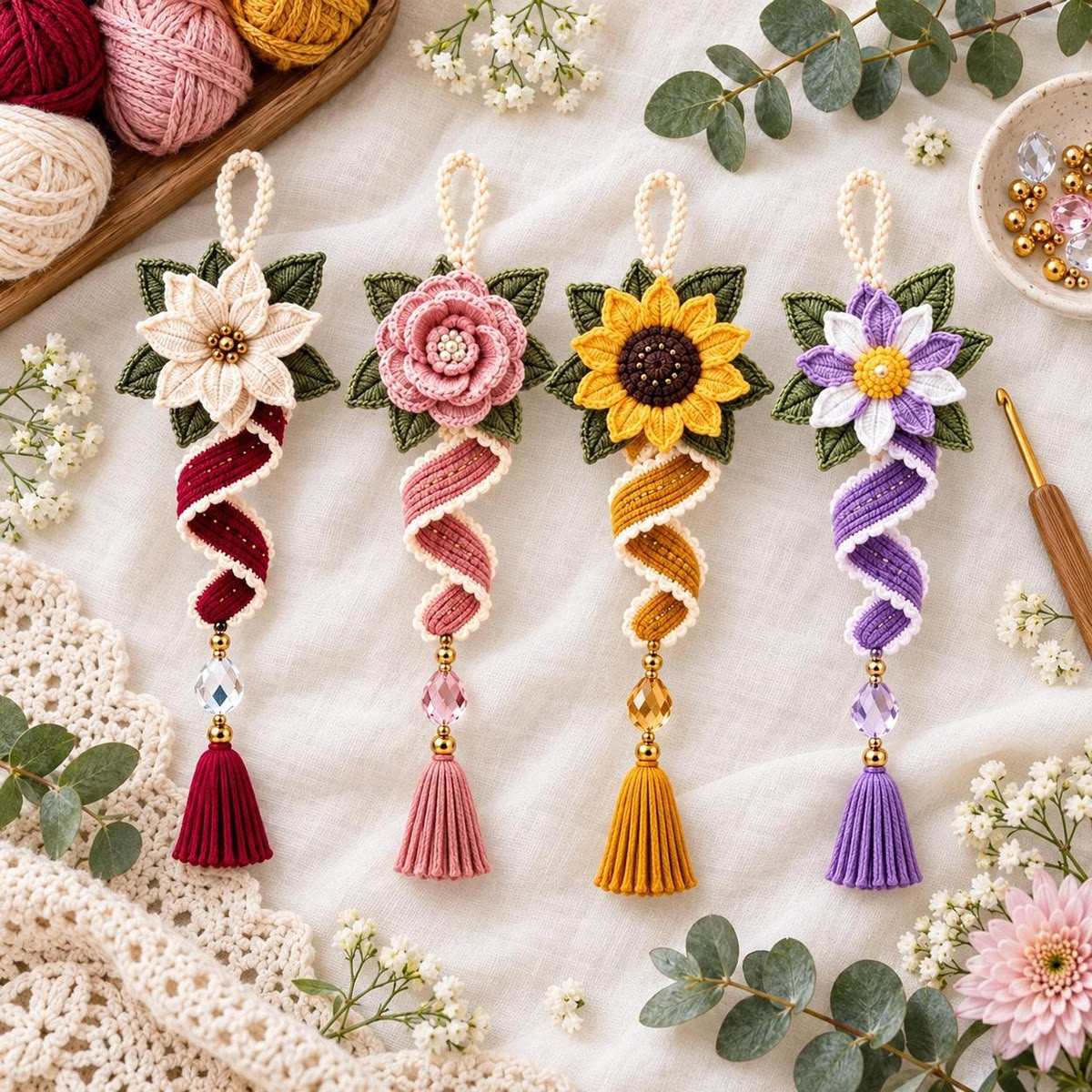 Four crochet spiral ornaments with floral tops, green leaves, and tasseled ends, in cream, pink, yellow, and purple colors.