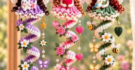 Three crochet fairy amigurumi hangings with spiral garlands and charming decorative elements including flowers and animals.