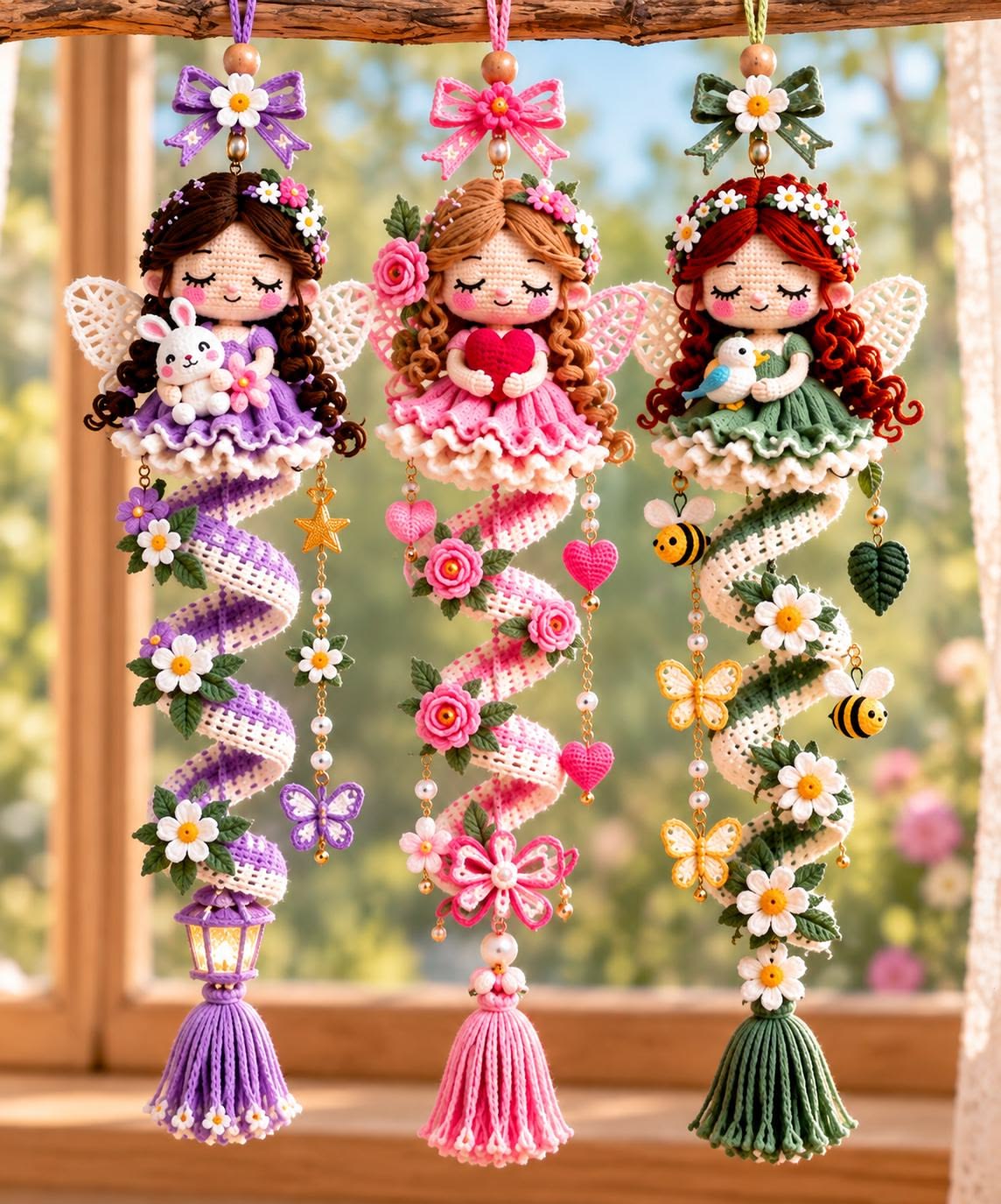 Three crochet fairy amigurumi hangings with spiral garlands and charming decorative elements including flowers and animals.