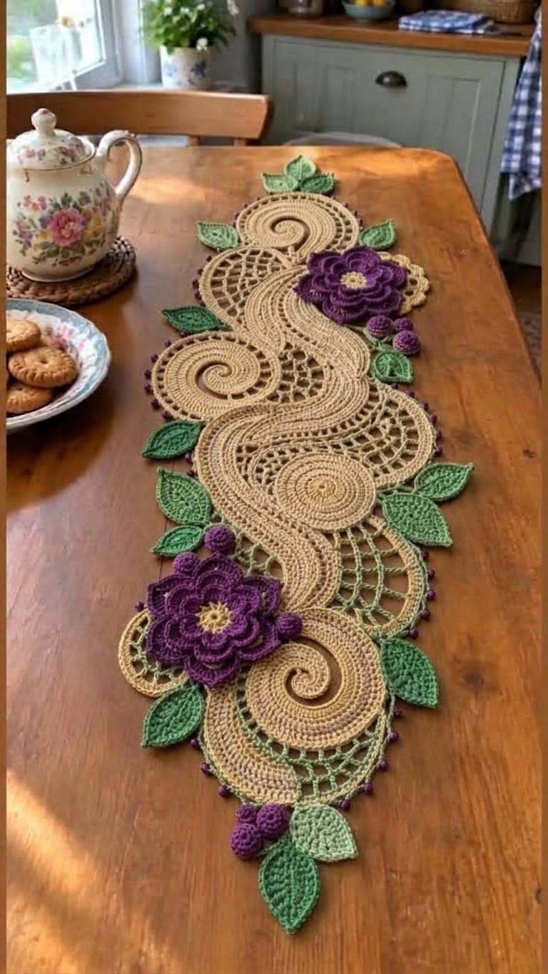 A long, decorative crochet table runner with swirling beige motifs, purple flowers, green leaves, and lace mesh accents arranged down the center of a table.
