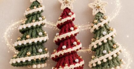 Three whimsical crochet Christmas tree ornaments in green and red with star toppers, beaded spiraled garlands, and golden bells at the base.