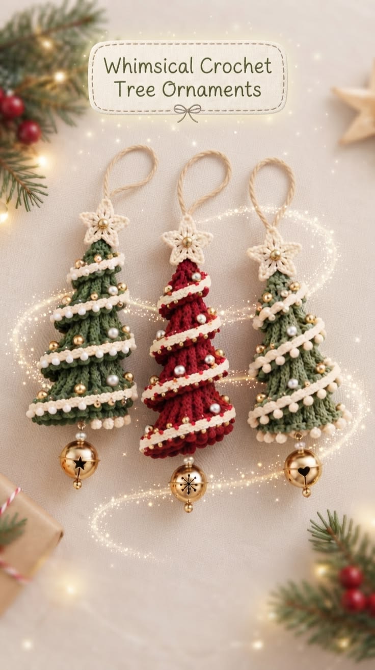 Three whimsical crochet Christmas tree ornaments in green and red with star toppers, beaded spiraled garlands, and golden bells at the base.