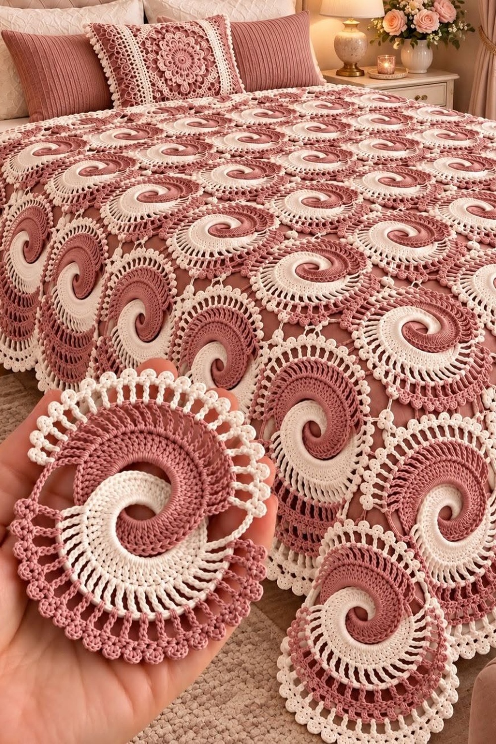 A hand holds a two-tone crochet swirl motif, shown alongside a bedspread made of many joined spiral motifs in dusty rose and ivory.