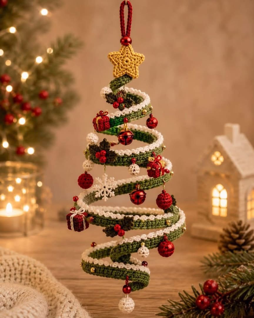 A spiral-shaped crochet Christmas tree ornament, decorated with small crochet baubles, mini presents, a yellow star topper, and a red hanging loop.