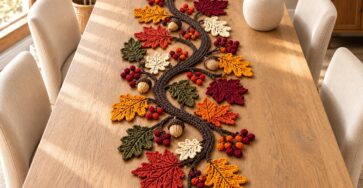 Crocheted autumn-themed table runner with colorful leaves, branch shapes, and berries arranged decoratively on a wooden dining table.