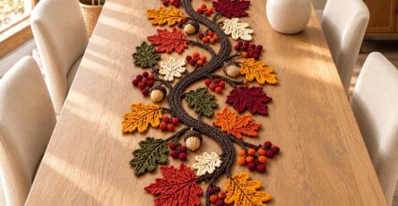 Crocheted autumn-themed table runner with colorful leaves, branch shapes, and berries arranged decoratively on a wooden dining table.