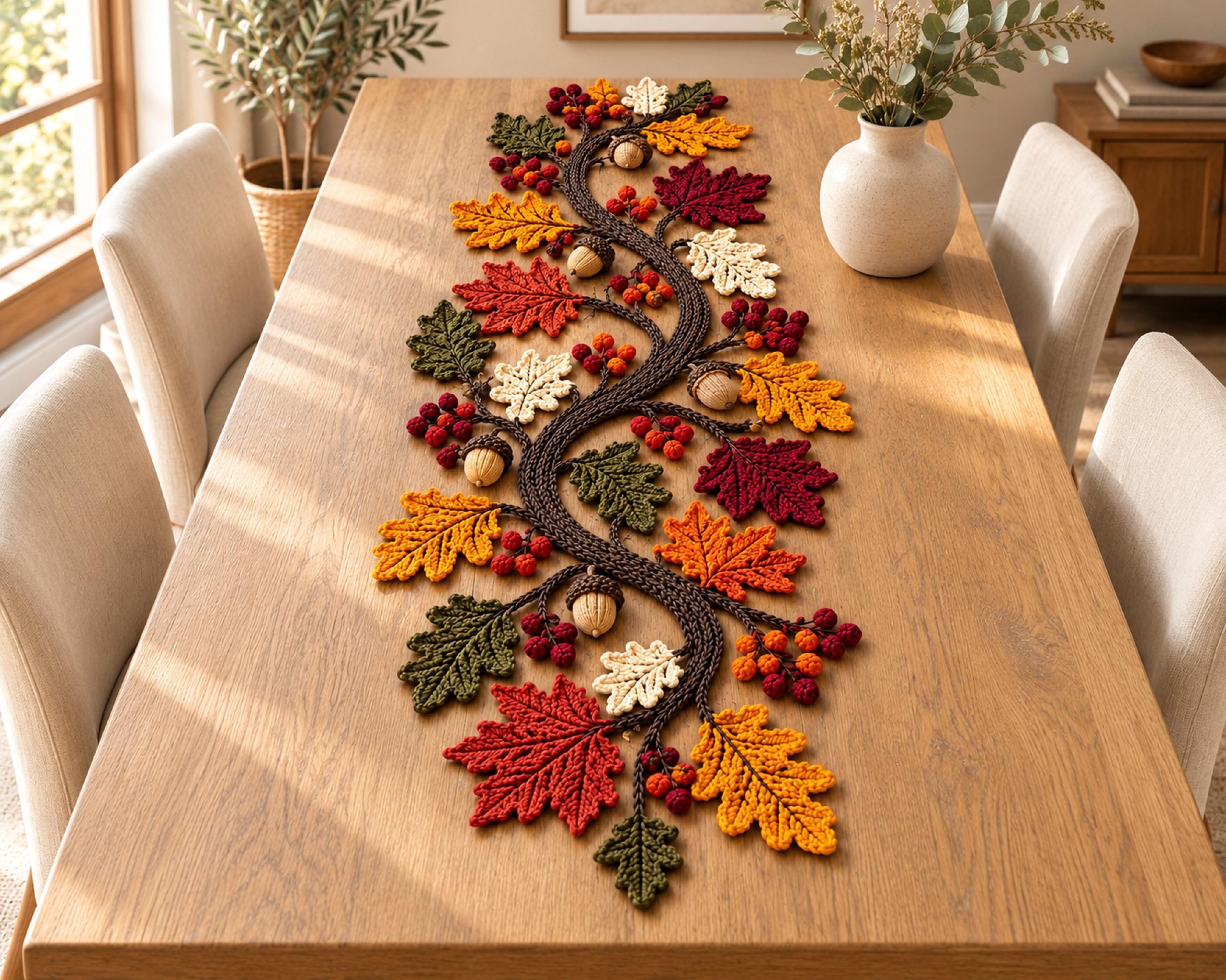 Crocheted autumn-themed table runner with colorful leaves, branch shapes, and berries arranged decoratively on a wooden dining table.