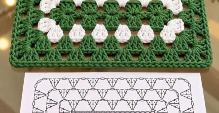 A green and white rectangular crochet mat with a classic granny stitch design, placed on a glass table beside a crochet chart diagram.