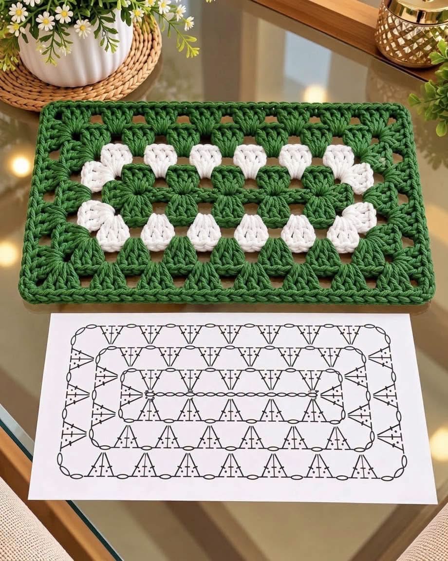 A green and white rectangular crochet mat with a classic granny stitch design, placed on a glass table beside a crochet chart diagram.