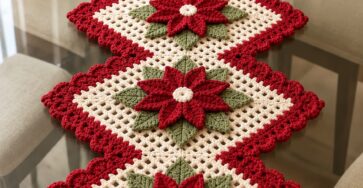 A crochet table runner made of four connected cream squares with red poinsettia flowers and green leaves, bordered in red scallops.