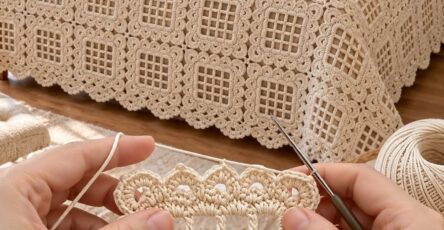 Hands crocheting a cream lattice square motif; a bed is decorated with a matching crochet square bedspread and pillow shams.