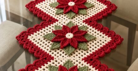 A crochet table runner made of four connected cream squares with red poinsettia flowers and green leaves, bordered in red scallops.