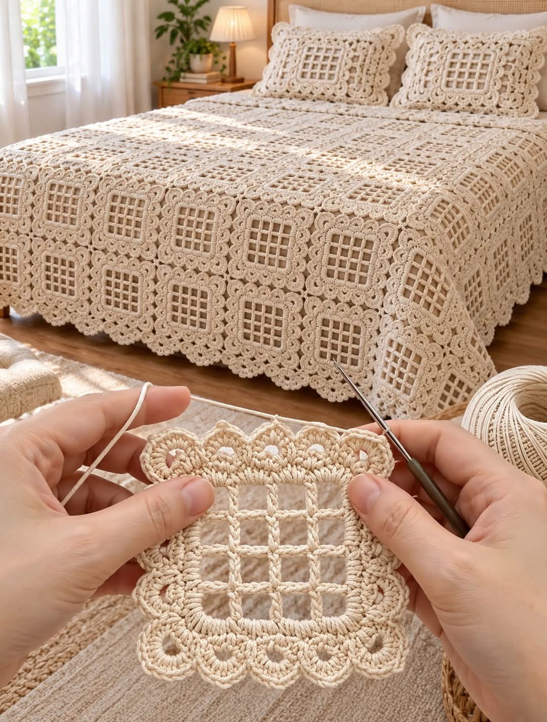 Hands crocheting a cream lattice square motif; a bed is decorated with a matching crochet square bedspread and pillow shams.