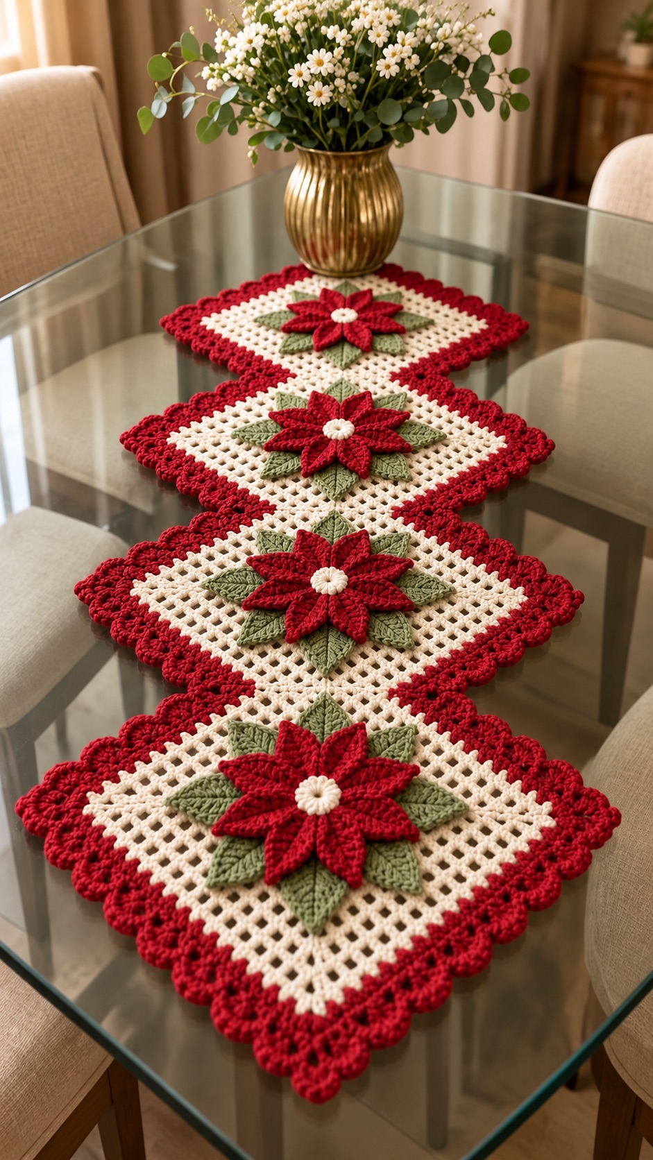 A crochet table runner made of four connected cream squares with red poinsettia flowers and green leaves, bordered in red scallops.