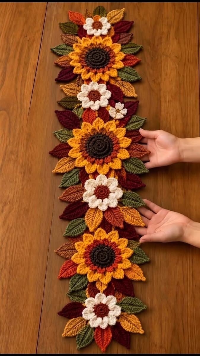 A crochet table runner with sunflowers, white flowers, and layered colored leaves in autumn hues.