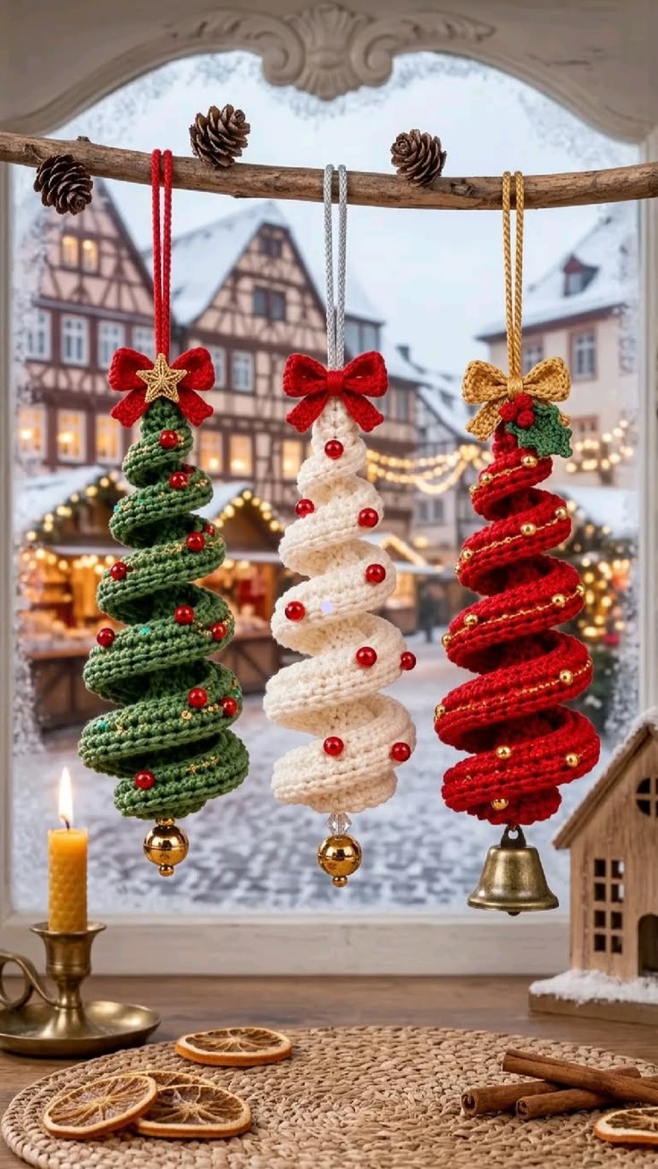 Three spiral crochet Christmas tree ornaments in green, white, and red, decorated with beads, bows, and bells, hanging in a cozy holiday setting.