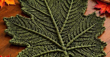 A crochet table mat shaped like a large green maple leaf, displayed on an autumn-themed dining table with pumpkins and fall leaves.