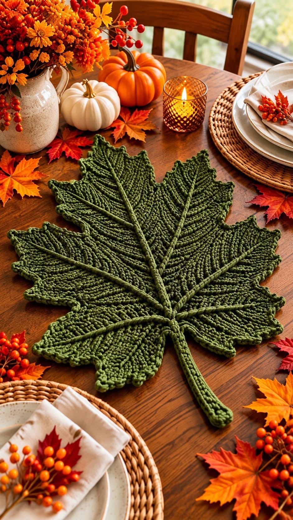 A crochet table mat shaped like a large green maple leaf, displayed on an autumn-themed dining table with pumpkins and fall leaves.