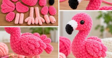 Crocheted plush flamingo amigurumi, assembled with pink yarn, separate body parts, and soft details.