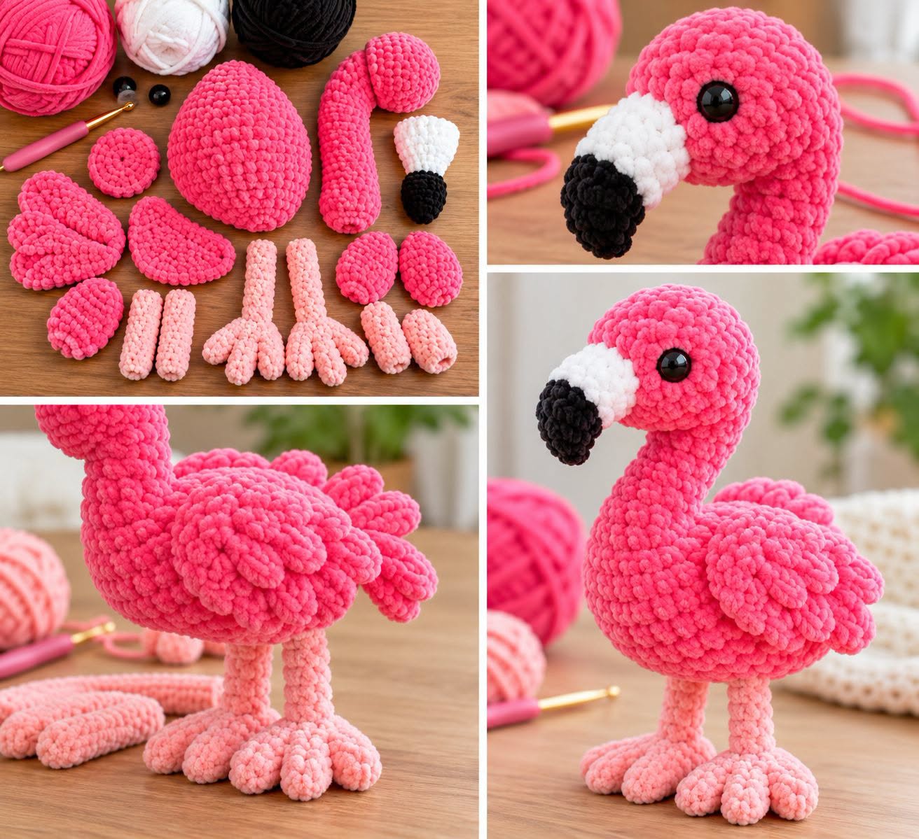 Crocheted plush flamingo amigurumi, assembled with pink yarn, separate body parts, and soft details.