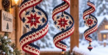 Three crochet spiral hanging decorations with red, white, and navy stripes, each featuring a starburst motif in the center, hanging on a snowy porch.