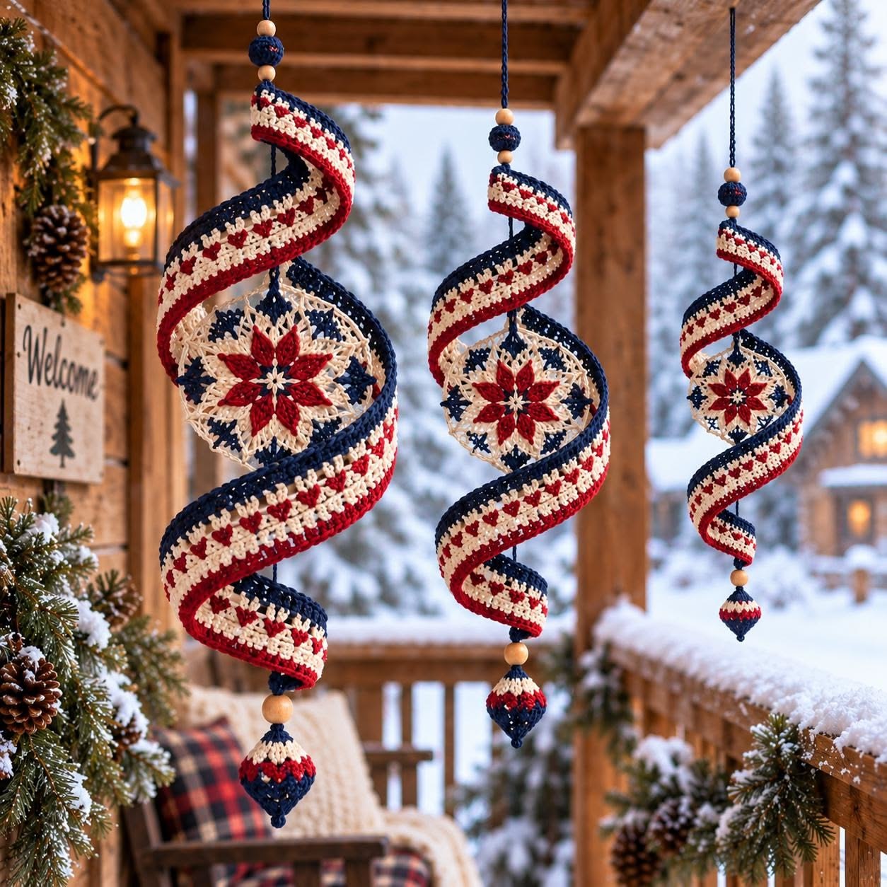 Three crochet spiral hanging decorations with red, white, and navy stripes, each featuring a starburst motif in the center, hanging on a snowy porch.