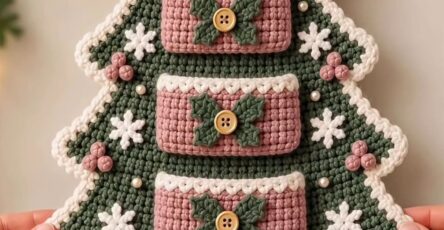 A crocheted Christmas tree wall organizer with four pink pocket panels, white snowflake details, holly appliqués, and a large bow with bells.