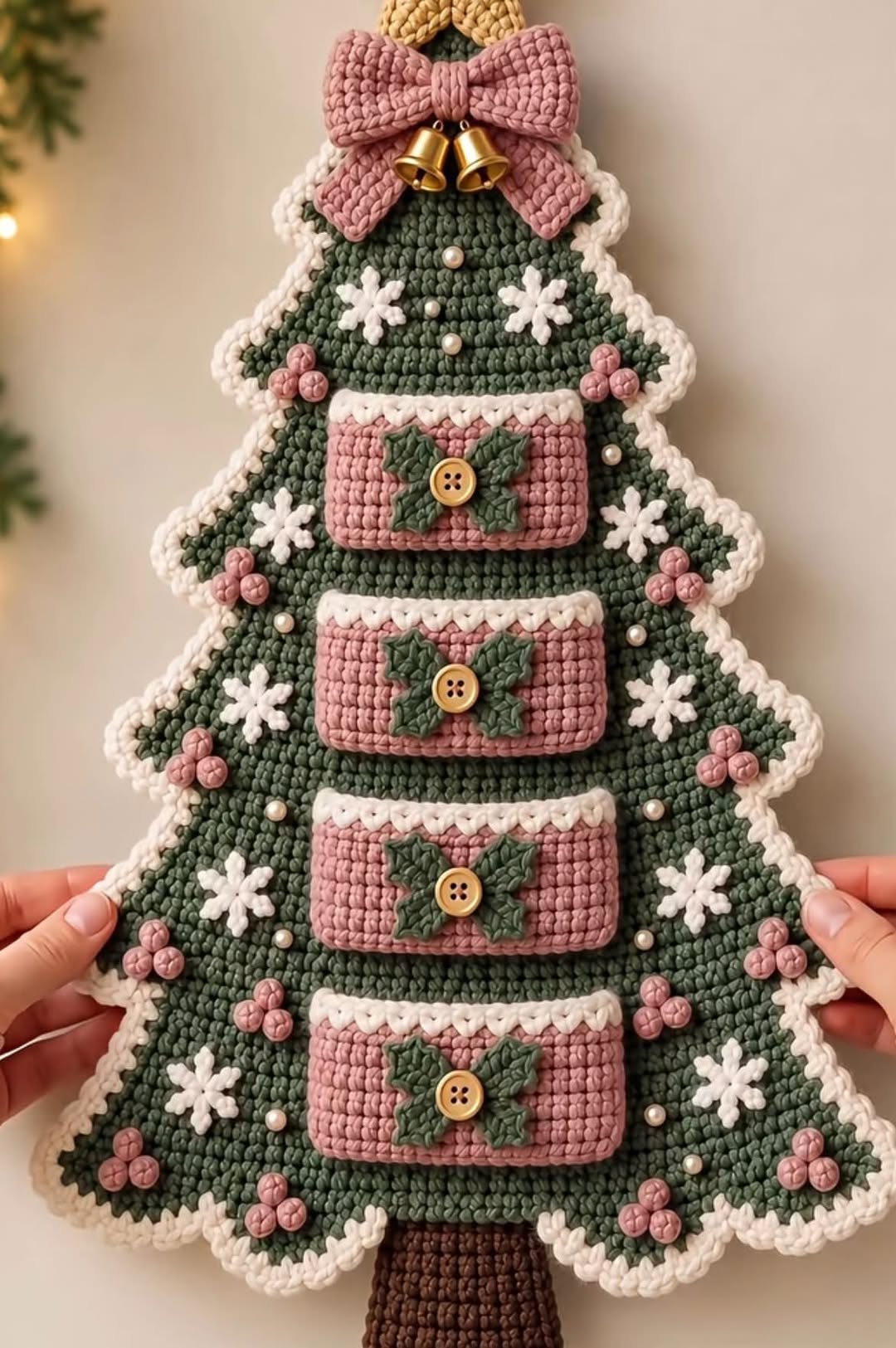 A crocheted Christmas tree wall organizer with four pink pocket panels, white snowflake details, holly appliqués, and a large bow with bells.