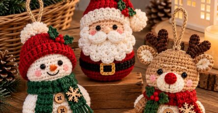 Three crocheted Christmas ornaments: a Santa, a snowman, and a reindeer, each decorated with festive details and displayed as holiday décor.