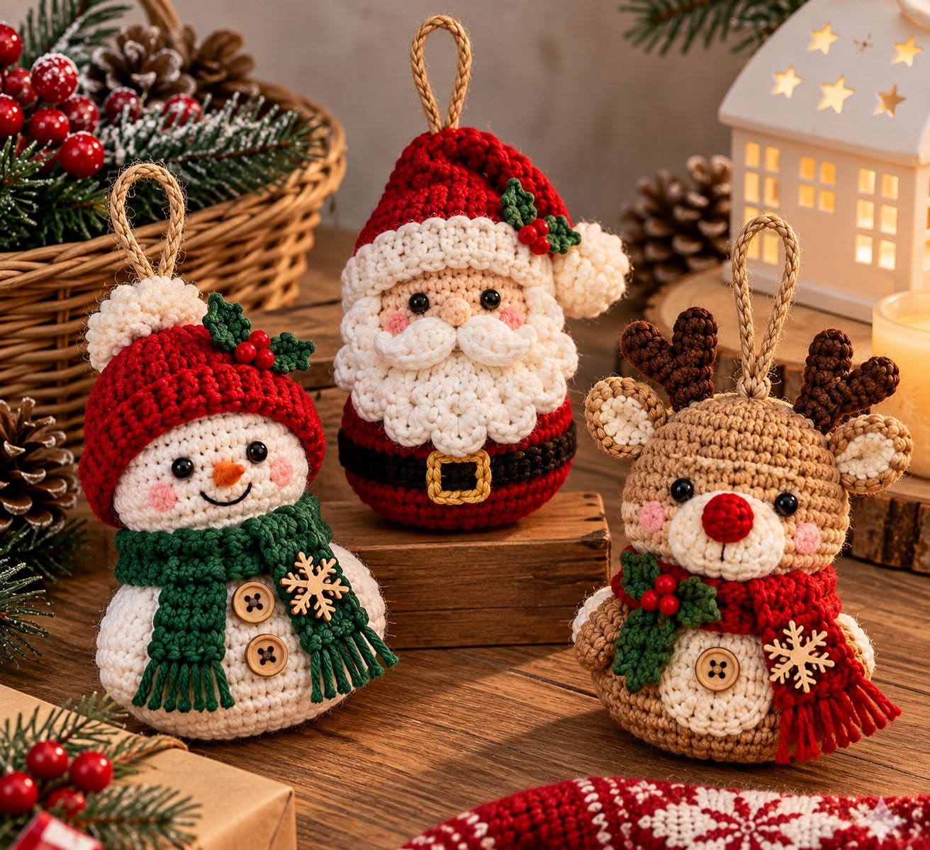 Three crocheted Christmas ornaments: a Santa, a snowman, and a reindeer, each decorated with festive details and displayed as holiday décor.