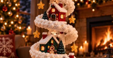 A crocheted Christmas tree centerpiece featuring spiral snow, miniature houses, trees, and yellow stars, set in a cozy holiday living room.