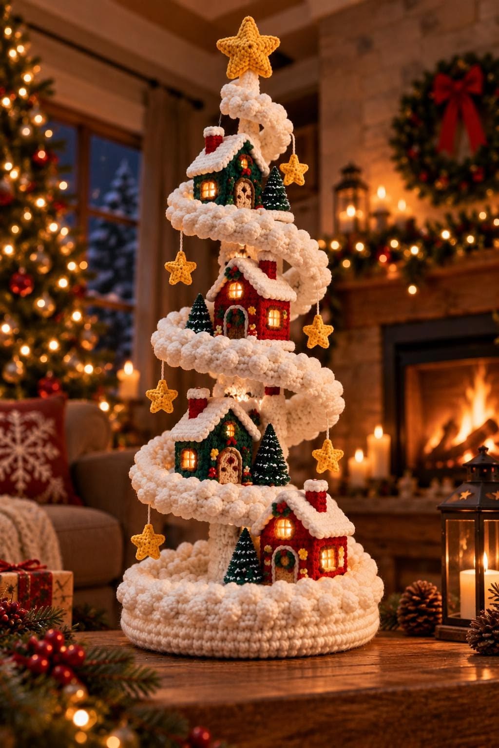A crocheted Christmas tree centerpiece featuring spiral snow, miniature houses, trees, and yellow stars, set in a cozy holiday living room.