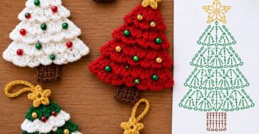 Five crochet Christmas tree ornaments in green, red, and white with beaded decorations and yellow stars at the top.
