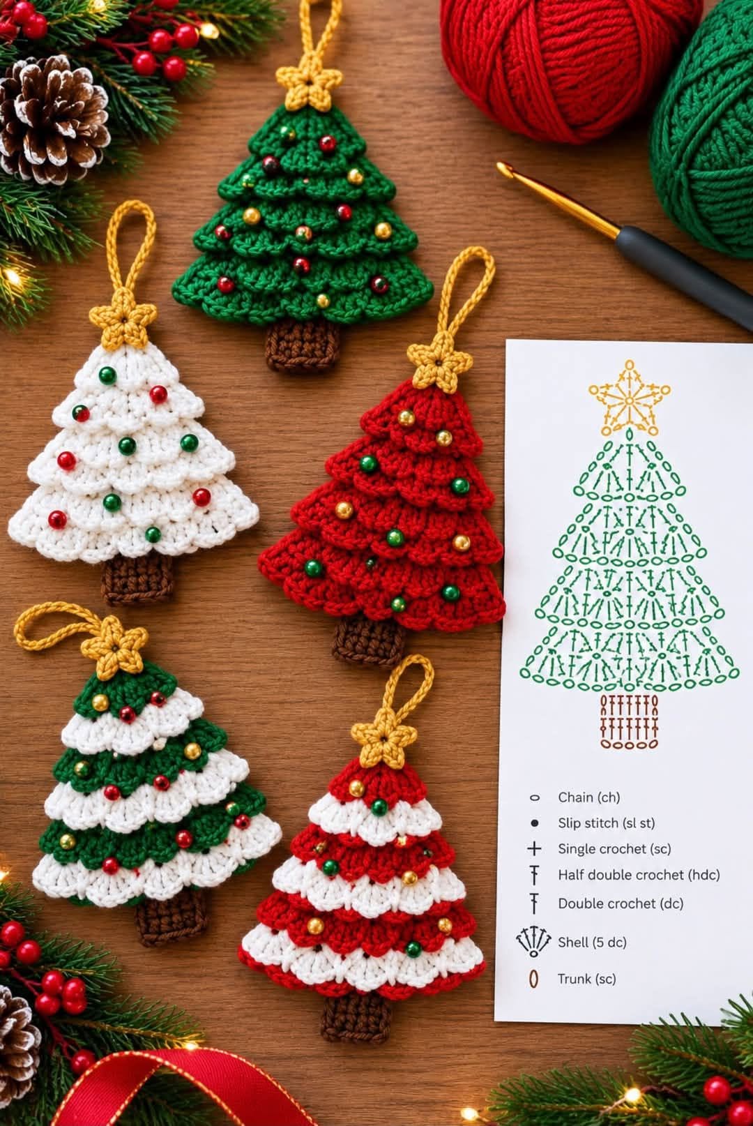 Five crochet Christmas tree ornaments in green, red, and white with beaded decorations and yellow stars at the top.