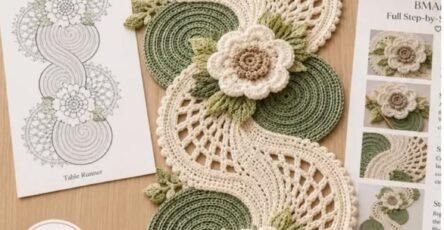 A crocheted table runner with swirling green circles, open lacework, layered cream flowers, and textured leaves in a botanical motif.