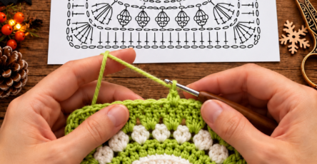 A colorful crochet granny square featuring a white skull motif with black eyes and mouth, surrounded by a circle of white bobble stitches on a bright green square background.