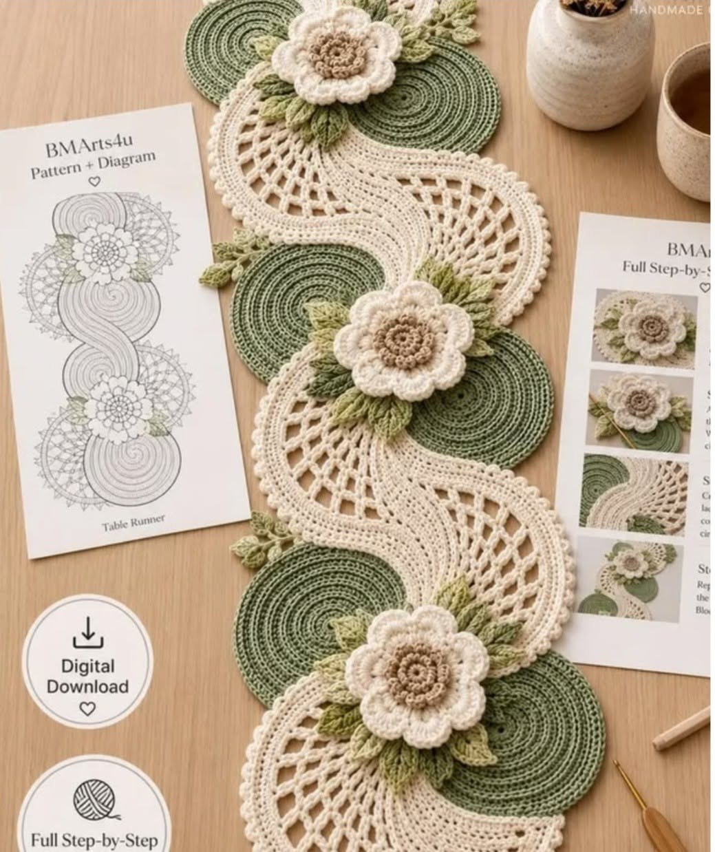A crocheted table runner with swirling green circles, open lacework, layered cream flowers, and textured leaves in a botanical motif.