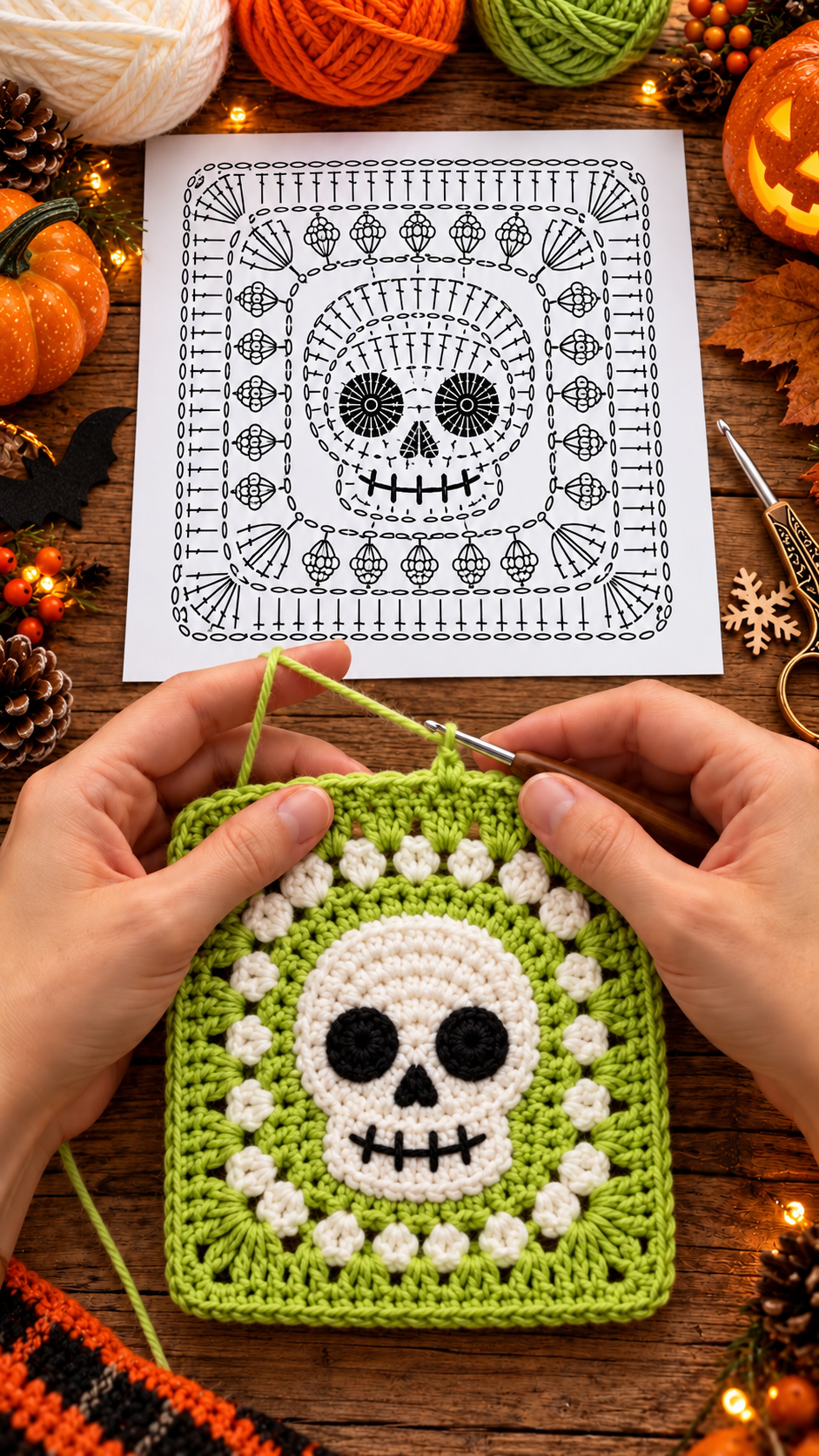 A colorful crochet granny square featuring a white skull motif with black eyes and mouth, surrounded by a circle of white bobble stitches on a bright green square background.