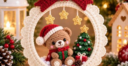 Crochet snow globe decoration featuring a teddy bear in a Santa hat, Christmas tree, hanging stars, and a large red crochet bow.