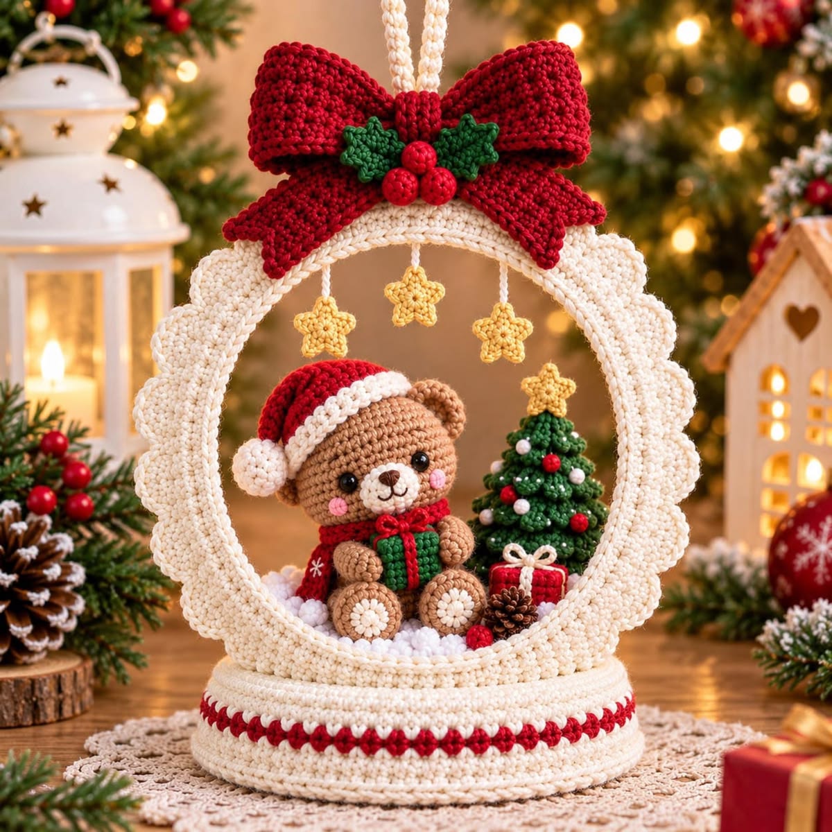 Crochet snow globe decoration featuring a teddy bear in a Santa hat, Christmas tree, hanging stars, and a large red crochet bow.