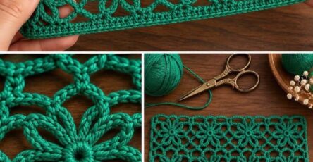 Rectangular green crochet placemat made with joined lacy flower motifs, shown in-progress and finished, on a wooden table.