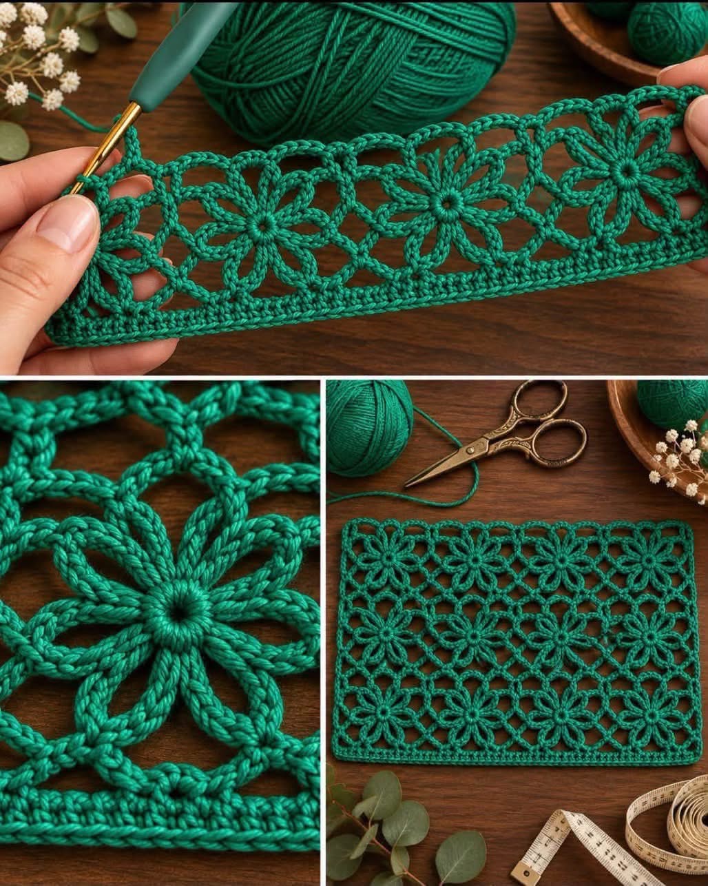 Rectangular green crochet placemat made with joined lacy flower motifs, shown in-progress and finished, on a wooden table.