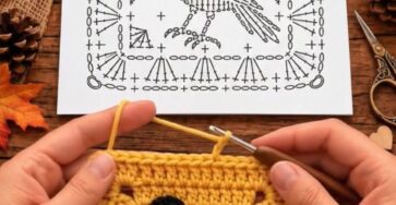 A crochet granny square with a black crow appliqué on a mustard yellow background next to a printed crochet stitch diagram.