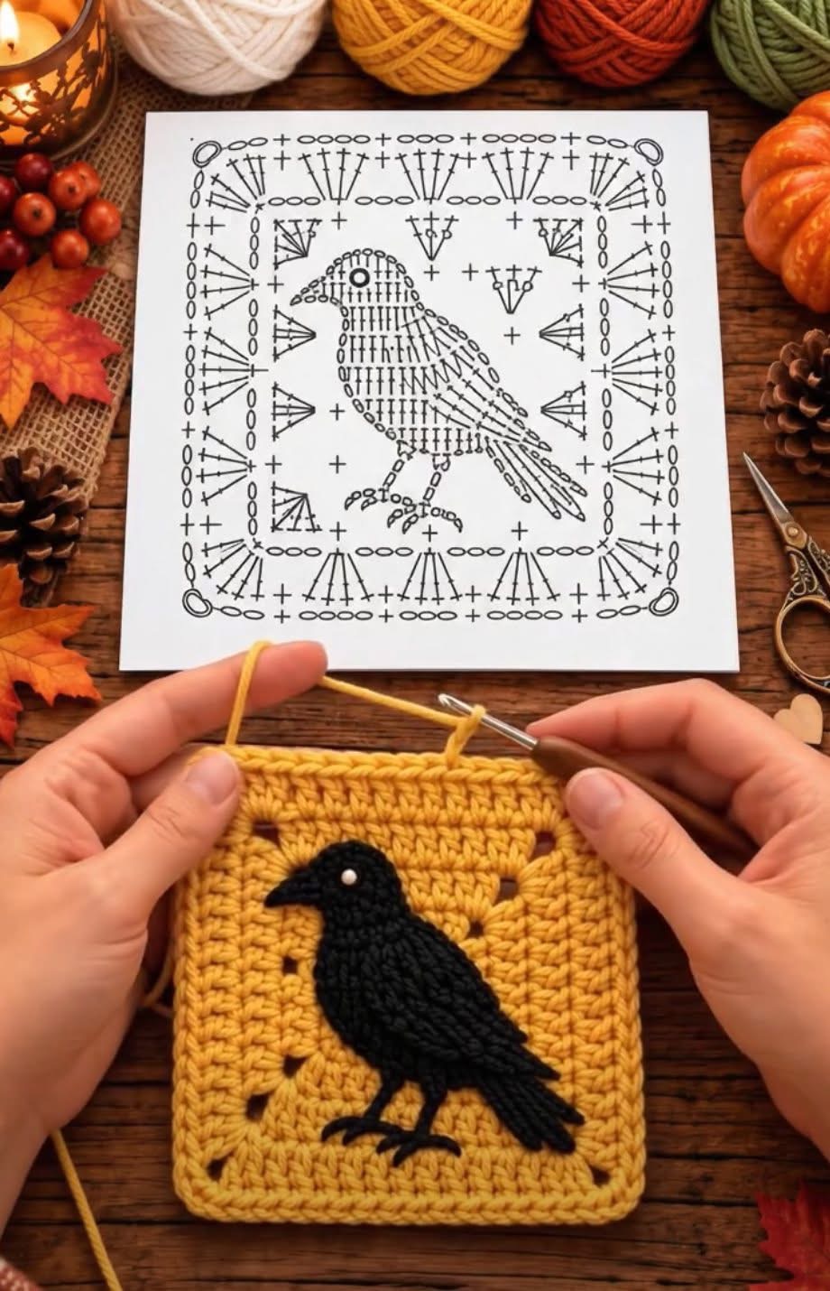 A crochet granny square with a black crow appliqué on a mustard yellow background next to a printed crochet stitch diagram.