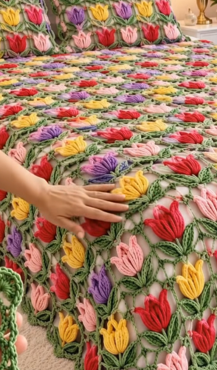 A crochet bedspread and pillow covers featuring colorful 3D tulip motifs joined with green leafy yarn, forming a lacy floral pattern.