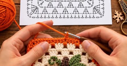 A vibrant crochet granny square featuring a raised orange pumpkin with green leaves and a brown stem on a cream and orange background.