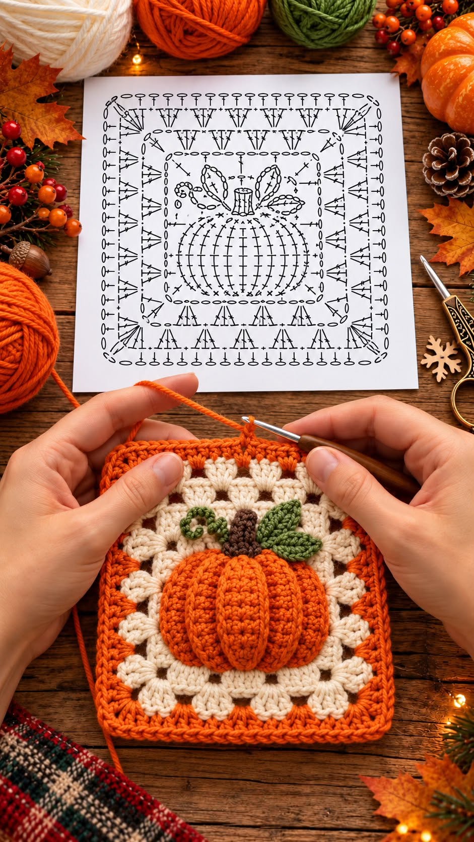 A vibrant crochet granny square featuring a raised orange pumpkin with green leaves and a brown stem on a cream and orange background.