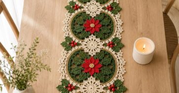 Festive crochet table runner with red poinsettias, green holly leaves, golden circular borders, and cream-colored lace motifs.